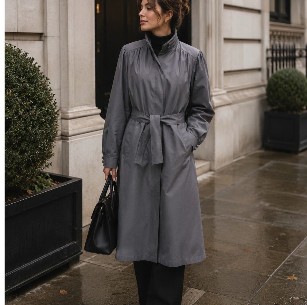 London Fog Vintage Belted Sherpa Lined Rain Trench Coat Gray Women's 12 Timeless